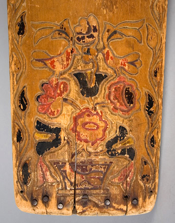 Mohawk Carved and Painted Wood Cradle Board, Flower, Leaf & Bird Motif New York, Iroquois, detail view 2